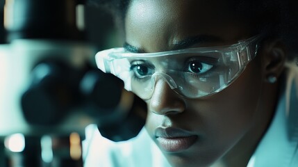 Young scientist analyzes samples under a microscope for research