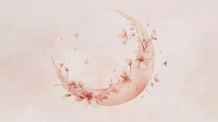 A crescent moon with delicate pink blossoms in a watercolor style.