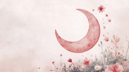 A watercolor illustration of a pink crescent moon with stars and flowers on a light pink background.