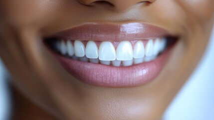 A close-up displays a bright smile showcasing healthy, white teeth and happiness