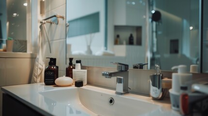 A pristine bathroom countertop adorned with elegant toiletries, reflecting a modern, serene ambiance enhanced by soft lighting and sleek surfaces.