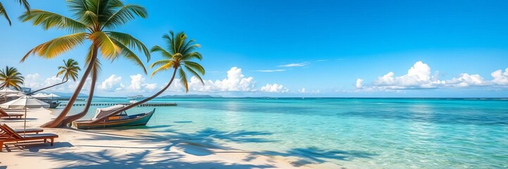 A vibrant and colorful image of a beach scene during summer, with turquoise waters, golden sand, and palm trees swaying in the breeze, idyllic, travel