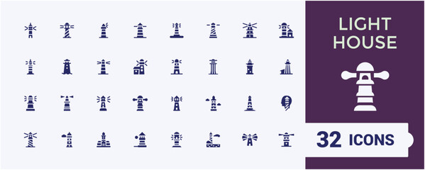 Lighthouse icons in filled style. Containing silhouette, island, nautical, sailing, signal, landmark, art and more. Pixel perfect. Vector illustration.