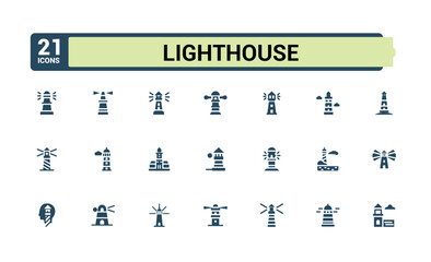 Lighthouse solid icon collections. Contains such icons as direction, marine, house, port, wave, sailor and more. Flat filled style icons. Editable vector illustration.