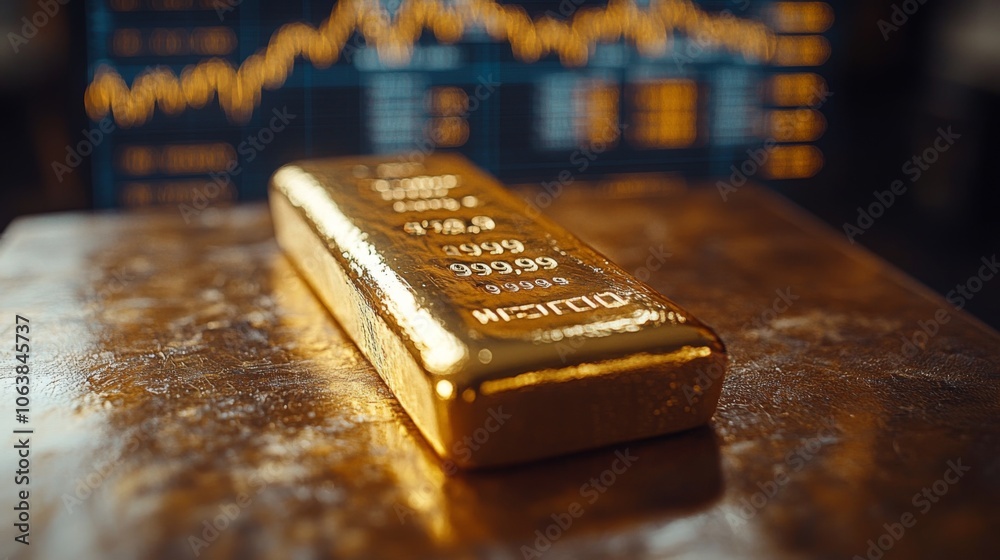 Aufkleber a shiny gold bullion bar sits on a polished surface, symbolizing wealth and investment, with stock m
