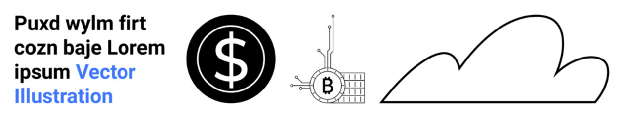 Dollar sign in black circle, circuit-board style Bitcoin, outlined cloud. Ideal for finance, cryptocurrency, tech, cloud services, business themes, web design, and presentations. Landing page