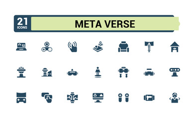 Meta Verse icons in solid style. Containing innovation, technology, futuristic, global, digital, network, reality and more. Filled icons pack. Editable vector illustration.