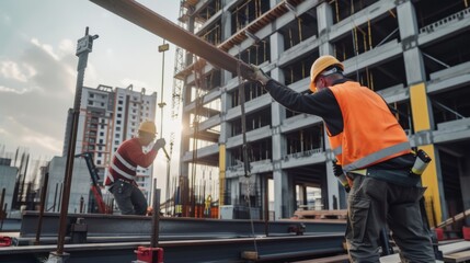 Two construction workers collaborate on a project site, exchanging tools amid framed city views, symbolizing teamwork and future possibilities.