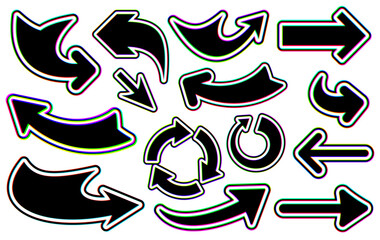 Set of various glitch-style arrows with vibrant distortion. Vector illustration perfect for tech and modern designs.