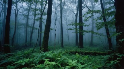 Fototapeta premium A mystical autumn forest shrouded in morning fog