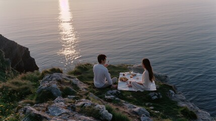 A couple enjoys an intimate picnic on a cliff, overlooking the tranquil expanse of the ocean under a setting sun.