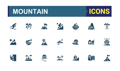 Set of Mountain solid icons. Contains related to pine, silhouette, graphic, tourism, top, rock, mountains and more. Filled icon collections. Editable vector icon and illustration.