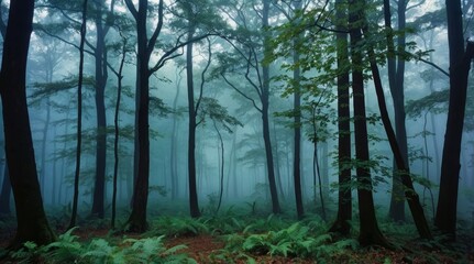 Obraz premium A mystical autumn forest shrouded in morning fog