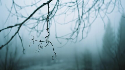 Fototapeta premium Single bare branch against a dense fog backdrop, exuding simplicity and solitude amidst a serene, muted landscape.