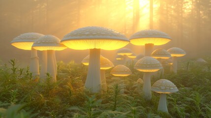 Fototapeta premium Enchanted Forest Mushrooms at Sunrise Magical Fantasy Nature Scene