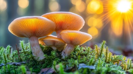 Golden Mushrooms in Forest Sunlight with Green Moss