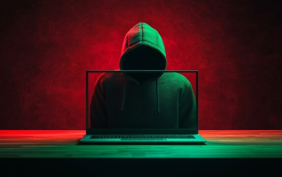 A mysterious figure in a hoodie emerging from a laptop screen with dramatic red and green lighting. - Powered by Adobe