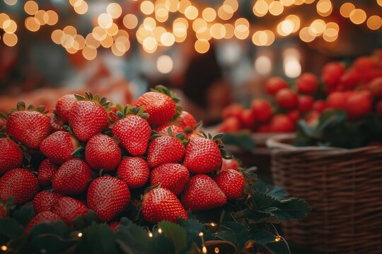 Fresh strawberries in a basket, surrounded by warm, glowing lights in a festive market setting