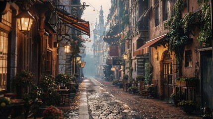 Fototapeta premium The image shows a narrow cobblestone street in a charming, old European town. The street is lined with quaint buildings, outdoor cafes, hanging plants, and glowing street lamps. 