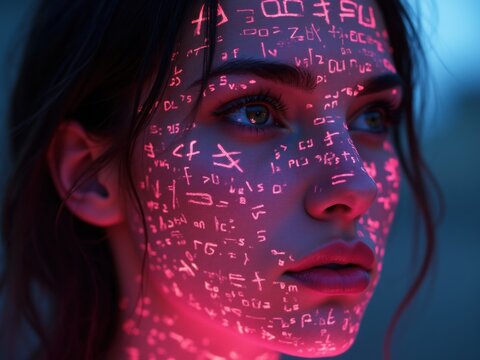 A Young Woman With Glowing Mathematical Equations Projected on Her Face, Capturing the Essence of Science and Art During a Nighttime Setting