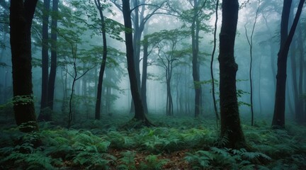 Obraz premium A mystical autumn forest shrouded in morning fog