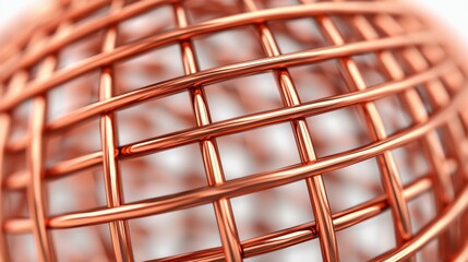 A close-up of a shiny copper wire sphere, forming a grid pattern.