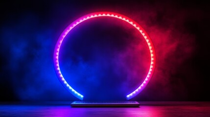 Obraz premium Neon Circle Light with Smoke and Fog on Black Background