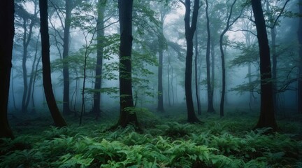 Obraz premium A mystical autumn forest shrouded in morning fog