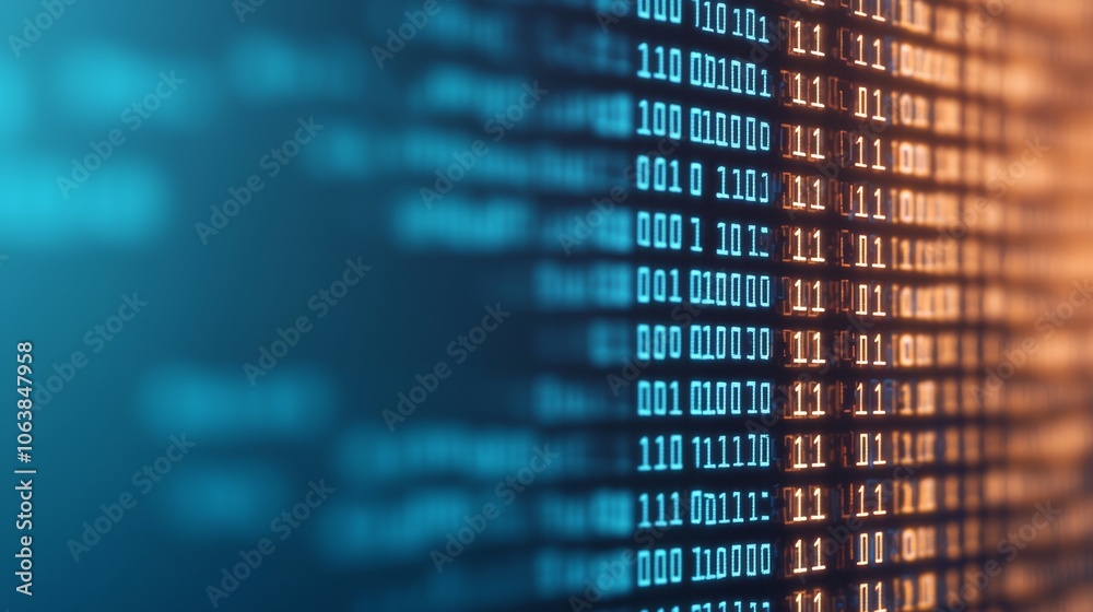 Poster abstract binary code with blue and orange tones, representing digital data and technology.