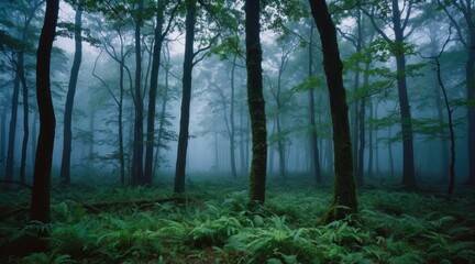 Obraz premium A mystical autumn forest shrouded in morning fog