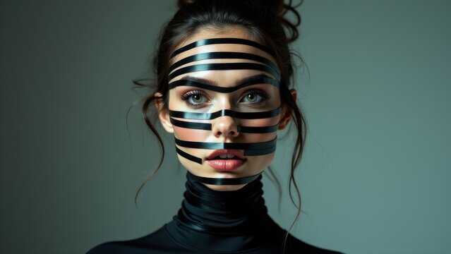 Woman in creative black tape fashion, blending minimalism with powerful visuals in a close-up portrait