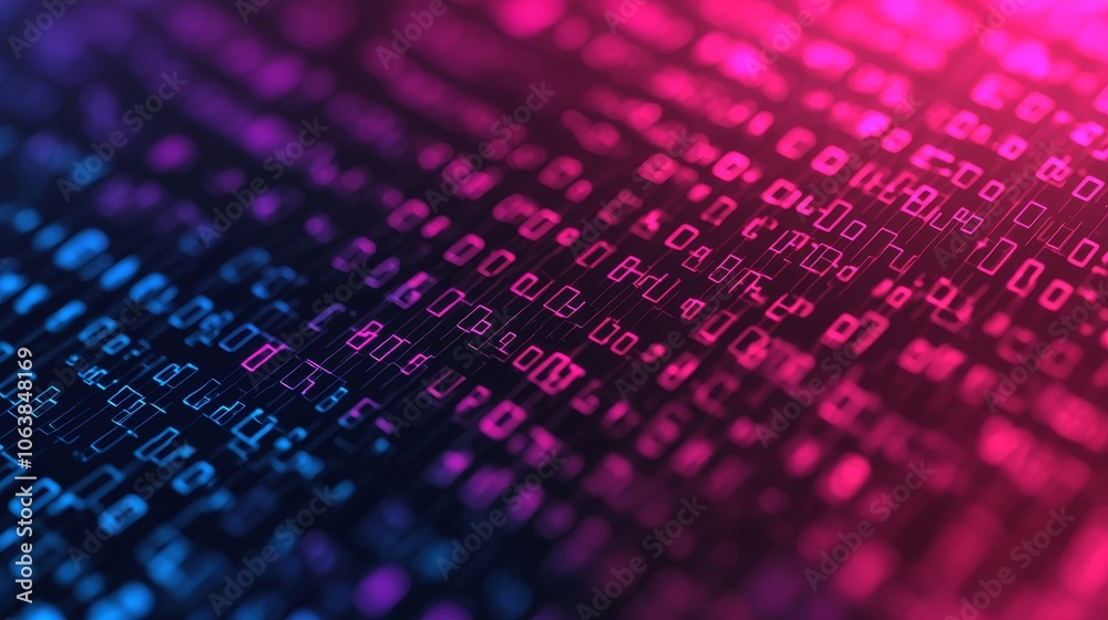 Poster abstract digital background featuring binary code with vibrant pink and blue colors.