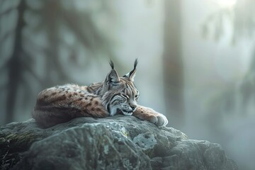 Lynx sitting on a fallen log, realistic forest details, light gray background