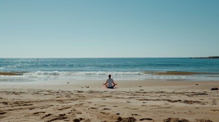 A lone figure meditates on a sandy beach, gazing out at the tranquil ocean waves under a bright, clear sky.