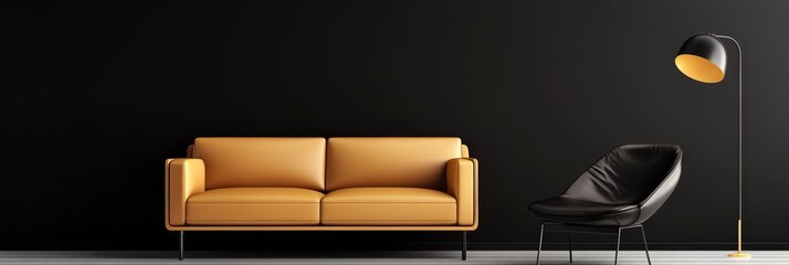 Modern living room interior design with a tan leather sofa, black wall, black floor lamp, and a black armchair. Minimalist and elegant.