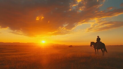 Silhouette of a cowboy riding a horse at sunset in a field.