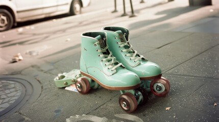 A pair of vintage mint-green roller skates sits on a worn sidewalk, evoking nostalgia and the...