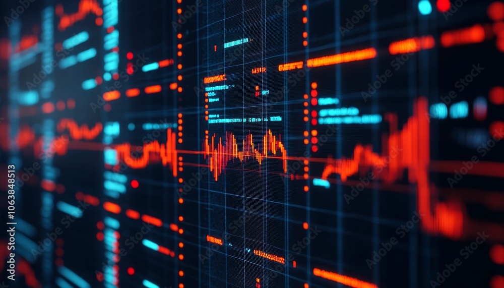 Poster abstract digital data visualization with vibrant blue and red lines on a dark background, representi