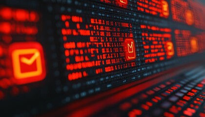 Abstract digital interface with glowing red icons and binary code representation for modern technology themes.