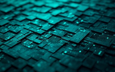 Abstract digital pattern featuring overlapping squares in shades of teal and black.