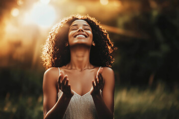 Portrait of a woman in a grateful pose