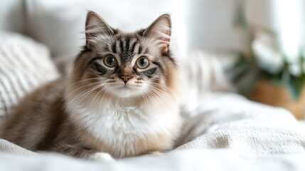 A curious cat lounges on a soft blanket, enjoying warm sunlight filtering through