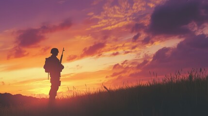 Heroic Soldier Silhouette in Sunset Glow