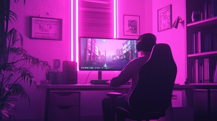 Fototapeta premium A gamer sits in a pink-lit room, playing a video game on his computer.