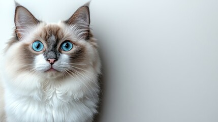 A fluffy feline observes its surroundings with captivating blue eyes and a calm demeanor