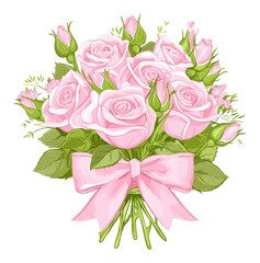 Fototapeta premium Delight in the beauty of a soft pink rose bouquet with lush green accents and a charming ribbon transparent background