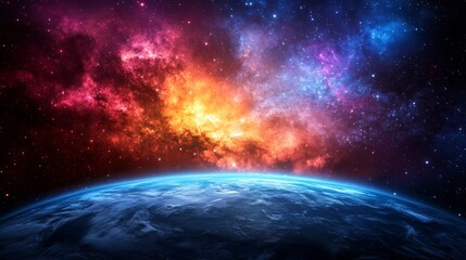 Obraz premium Earth and Cosmic Nebula in a Starry Sky Galaxy Universe Space Planet Astronomy Nigh