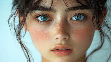 Fototapeta premium A close-up of a young woman showcasing her mesmerizing blue eyes and soft features