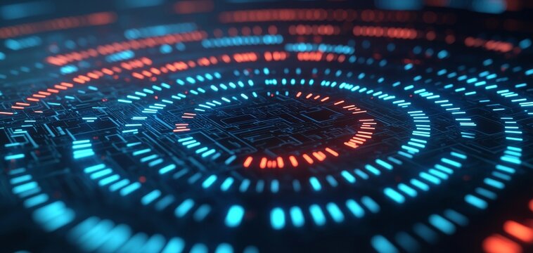 Abstract futuristic background with vibrant blue and red circular patterns, representing digital innovation and technology.