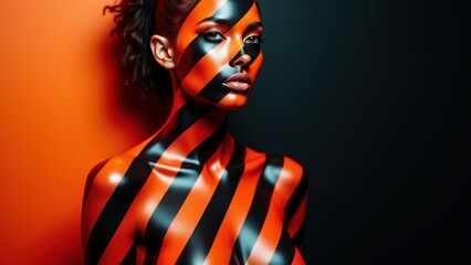 Close-up of a woman with striking face paint, creating a bold and unique fashion statement